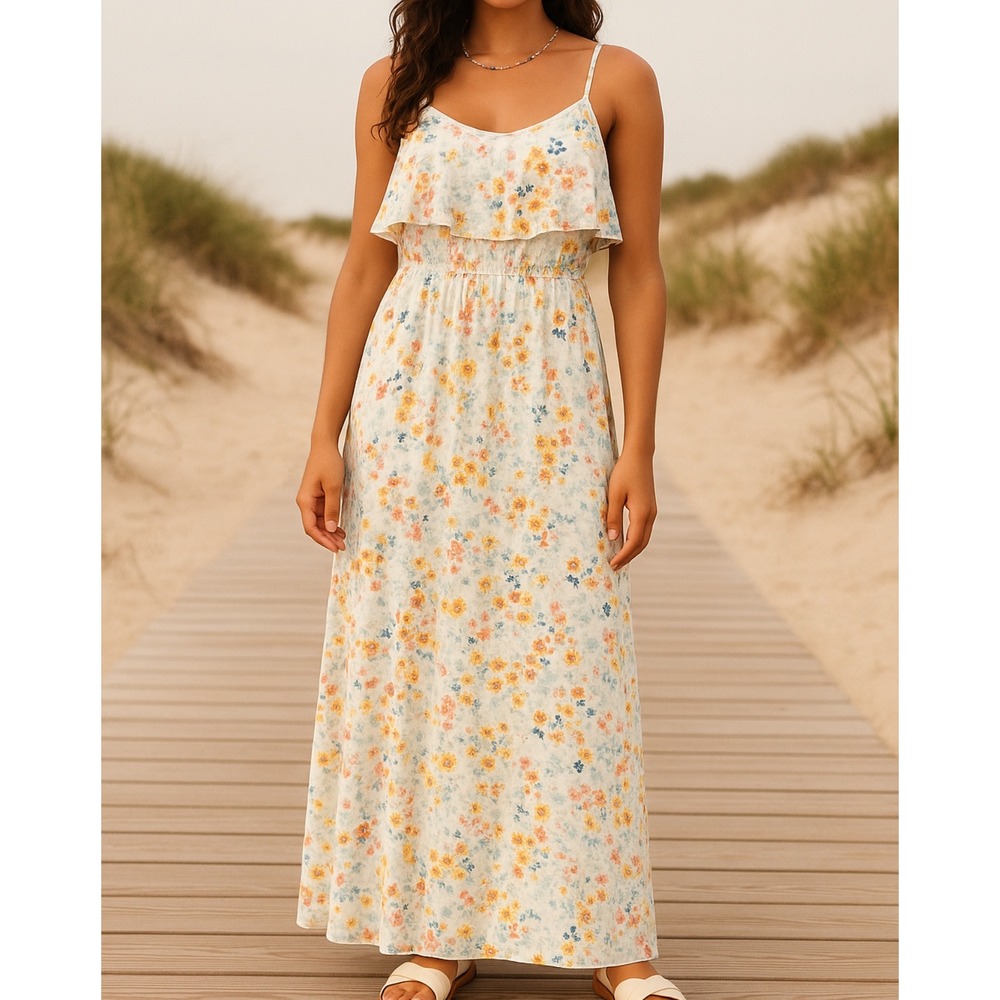 Lauren Conrad Women's Floral Tiered V-Neck Cinch Waist Long Maxi Dress sz M Whim